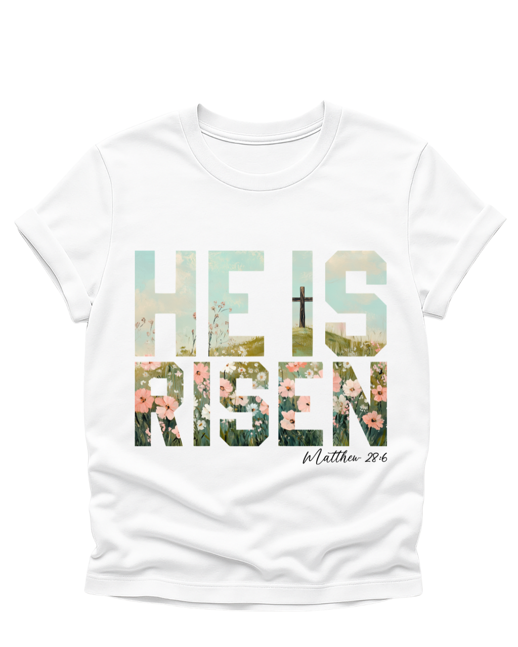 “He Is Risen” Floral Faith Tee – Matthew 28:6