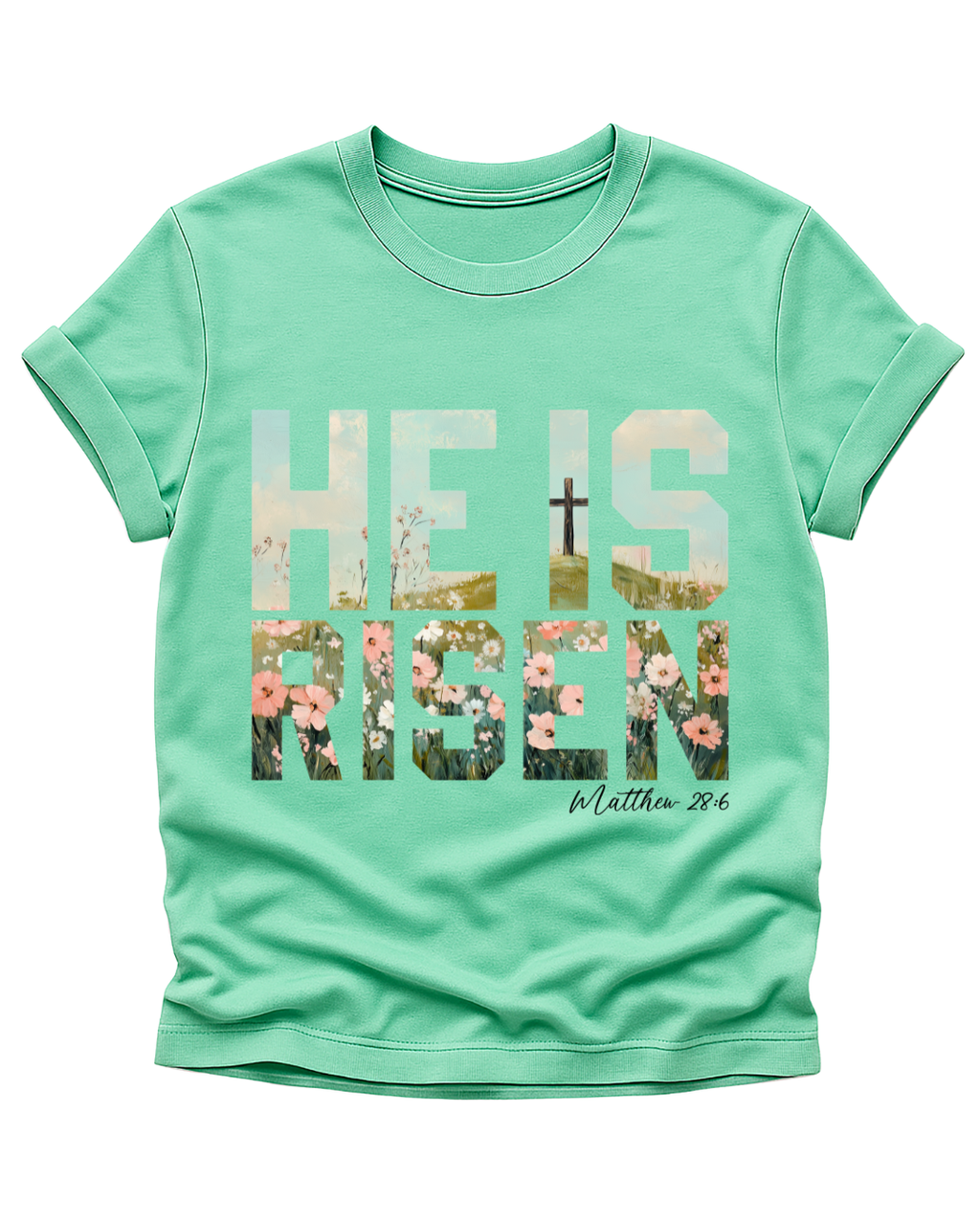“He Is Risen” Floral Faith Tee – Matthew 28:6