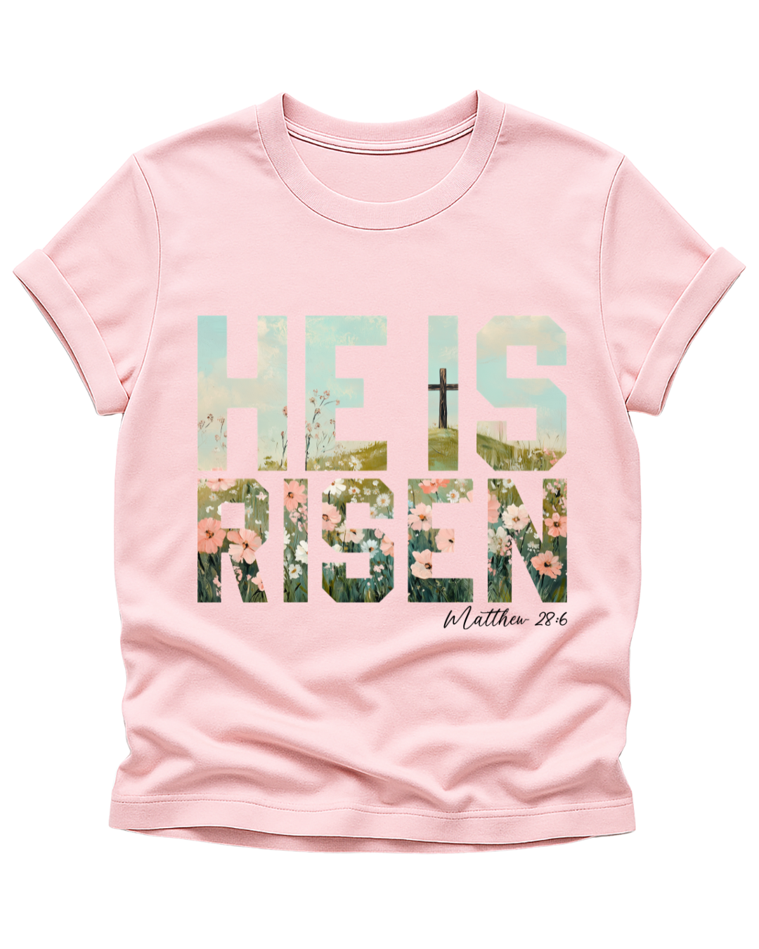 “He Is Risen” Floral Faith Tee – Matthew 28:6