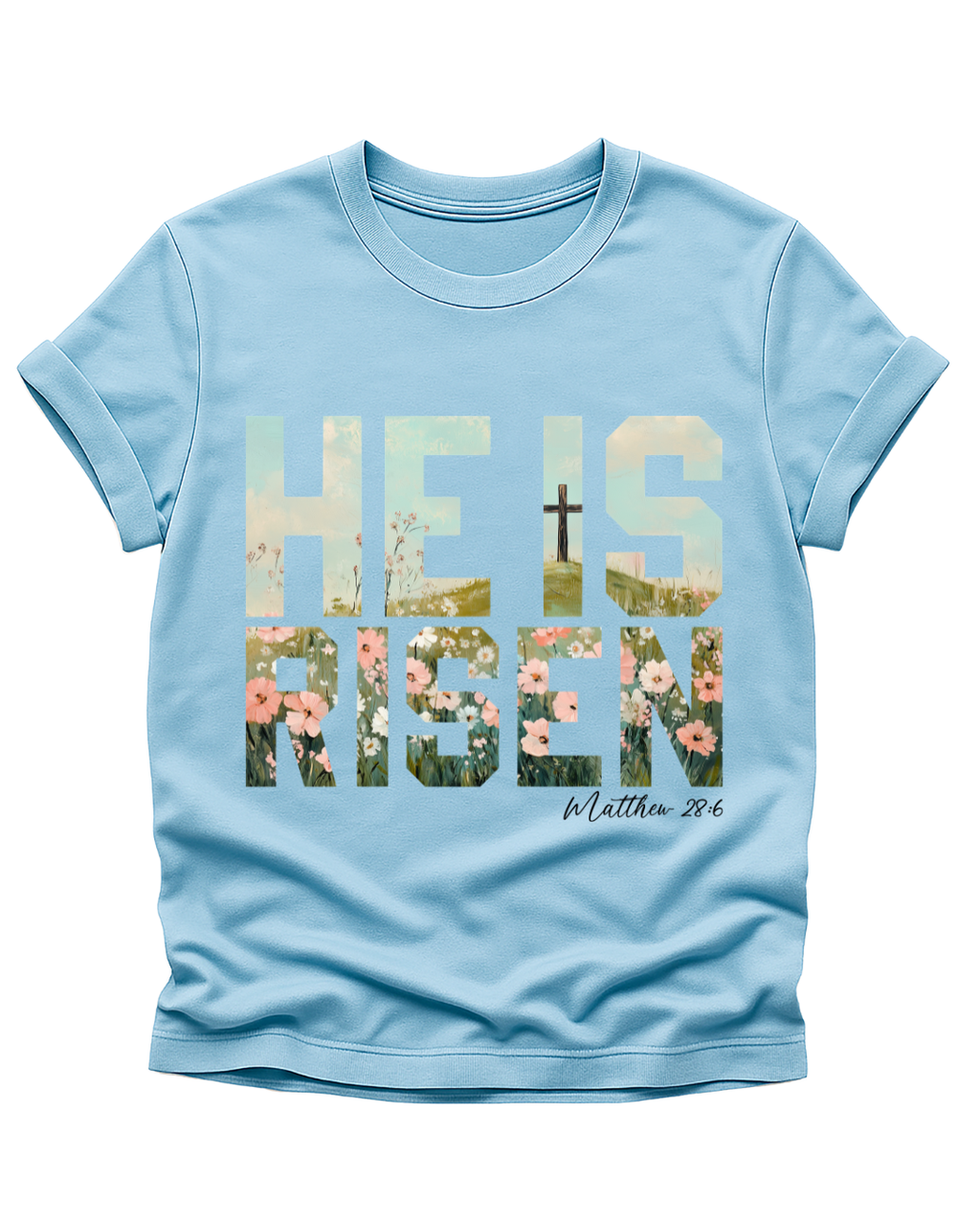 “He Is Risen” Floral Faith Tee – Matthew 28:6
