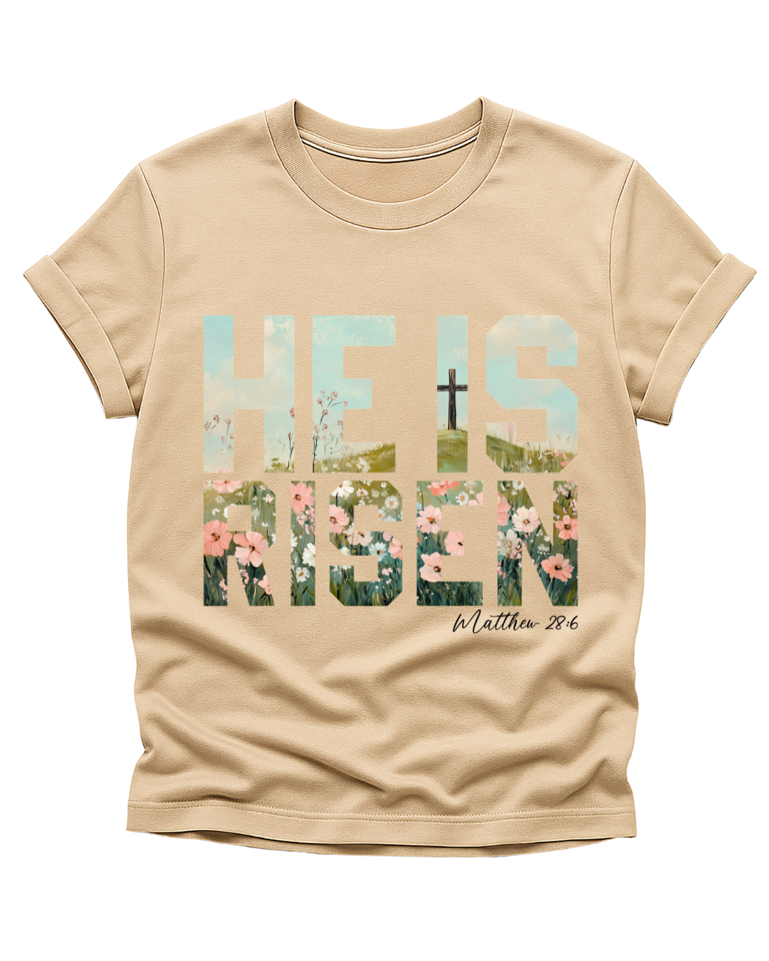 “He Is Risen” Floral Faith Tee – Matthew 28:6
