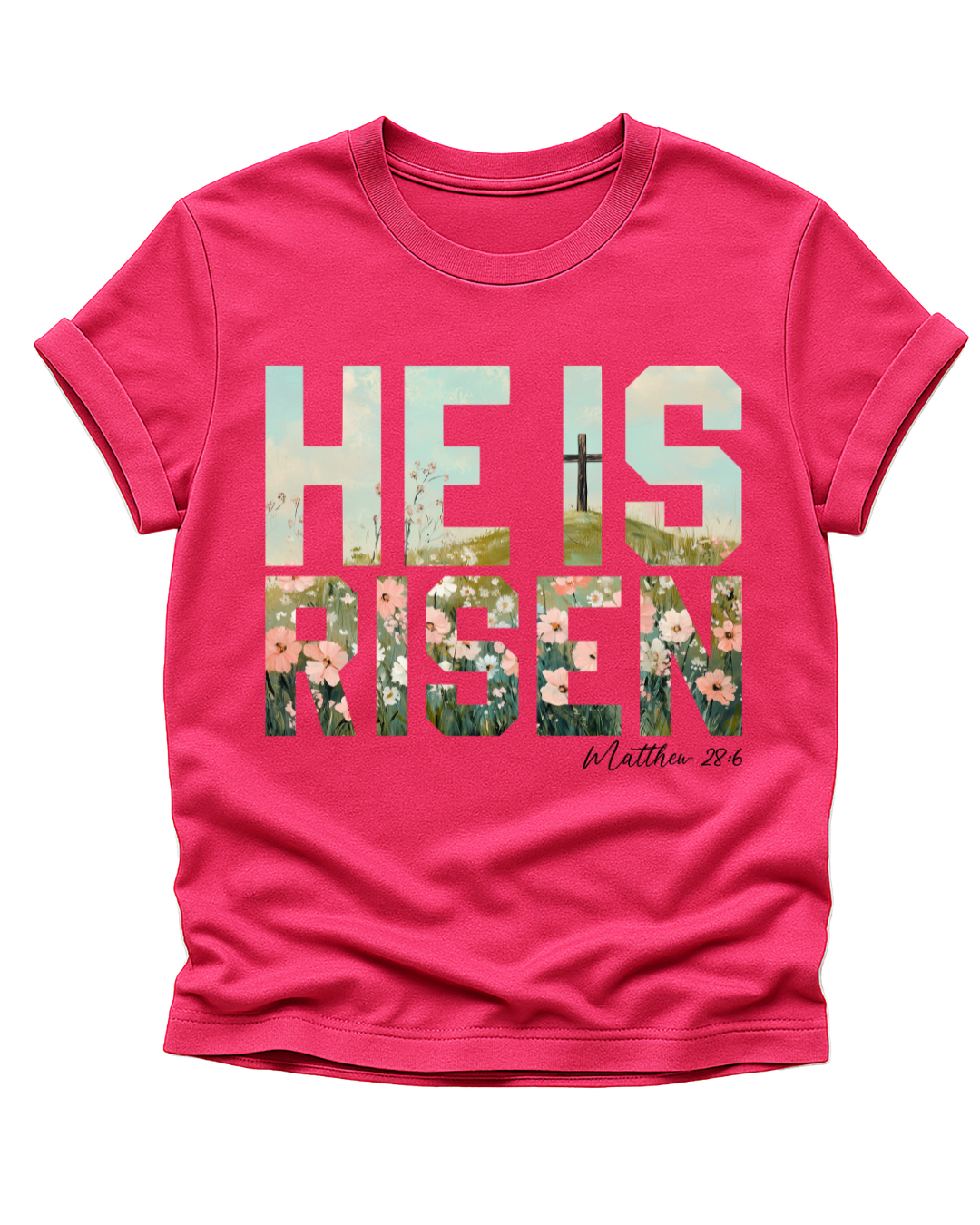 “He Is Risen” Floral Faith Tee – Matthew 28:6